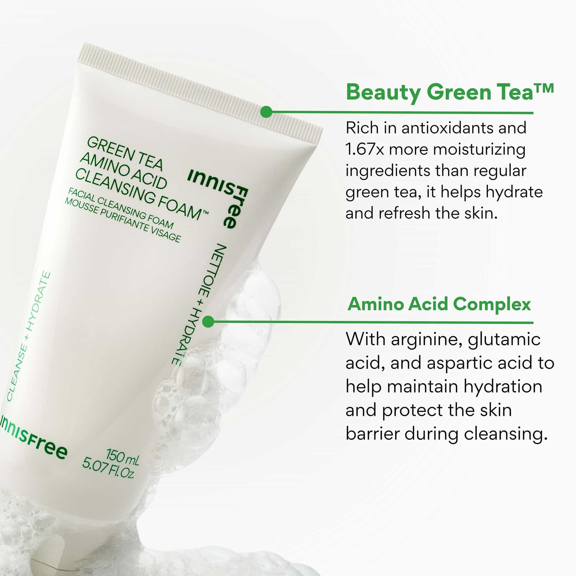 INNISFREE Green Tea Amino Hydrating Cleansing Foam 150g - bellubeauty