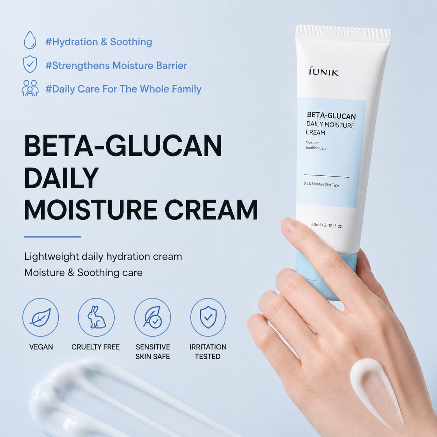 IUNIK Beta-Glucan Daily Moisture Cream 60ml - BelluBeauty