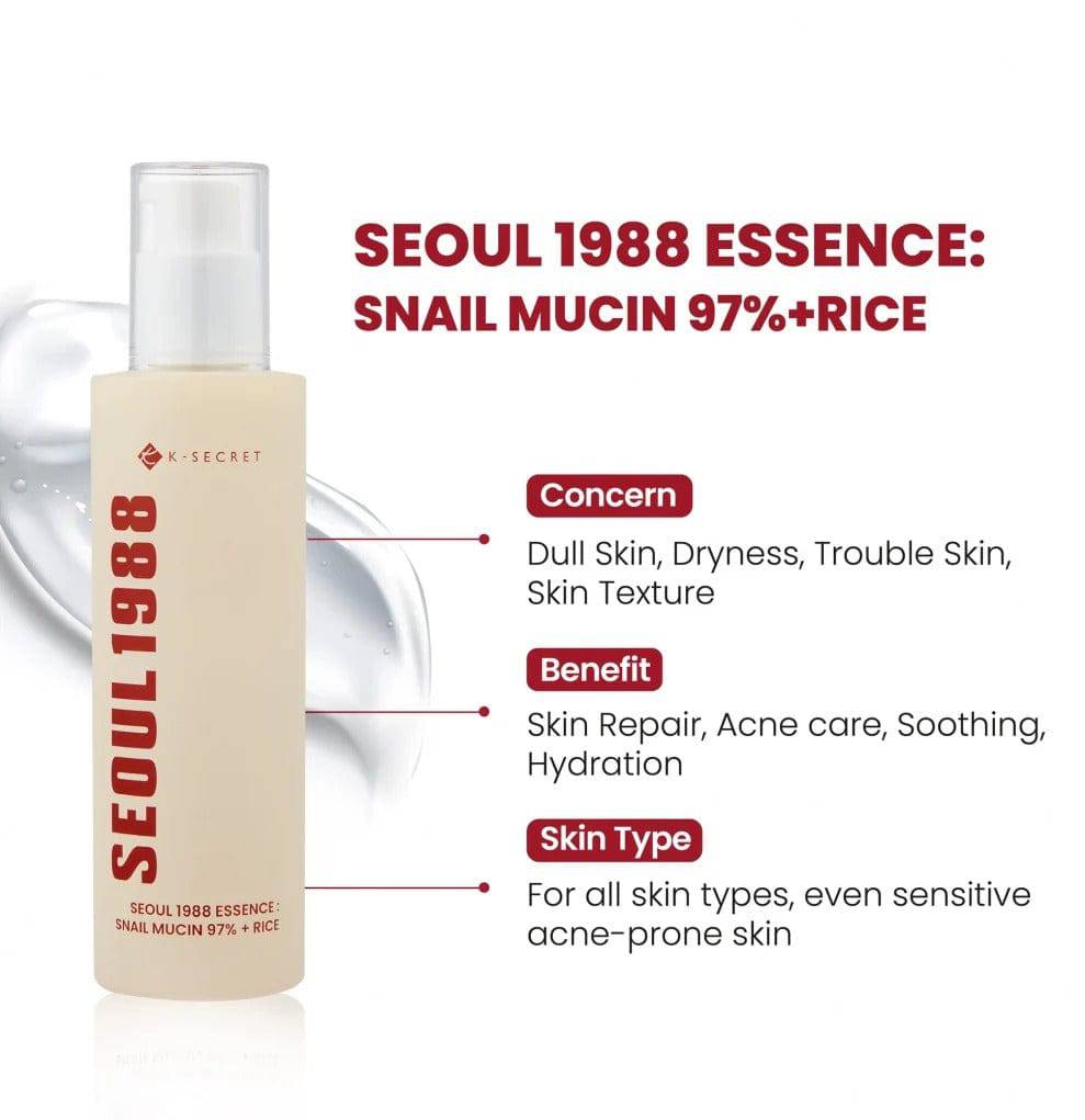 KSECRET Seoul 1988 Essence Snail Mucin 97% + Rice 100ml - BelluBeauty