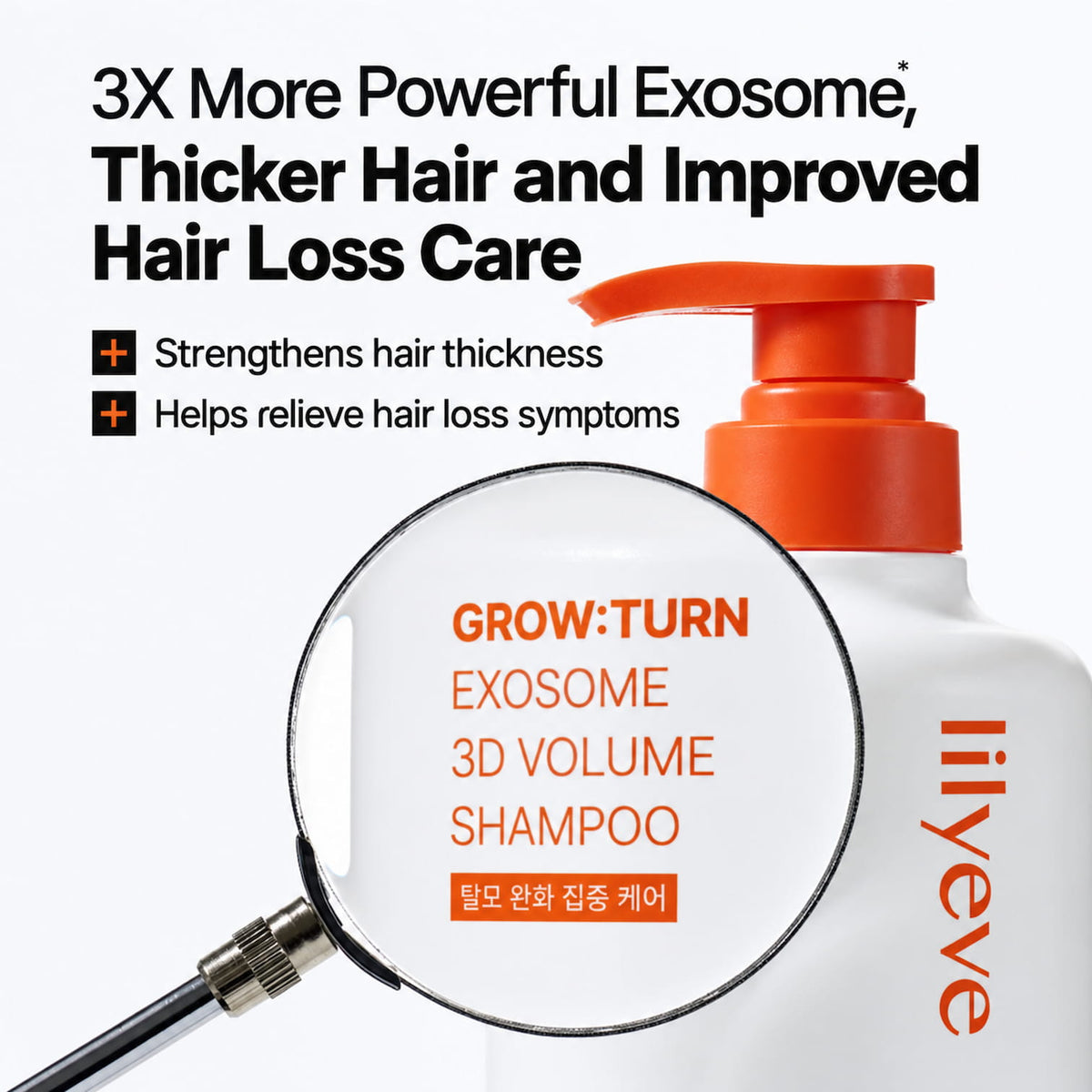 LILYEVE Grow Turn Exosome 3D Volume Shampoo 500ml in a white and orange pump bottle with magnified product label, highlighting thicker hair, exosome technology and hair loss care benefits.