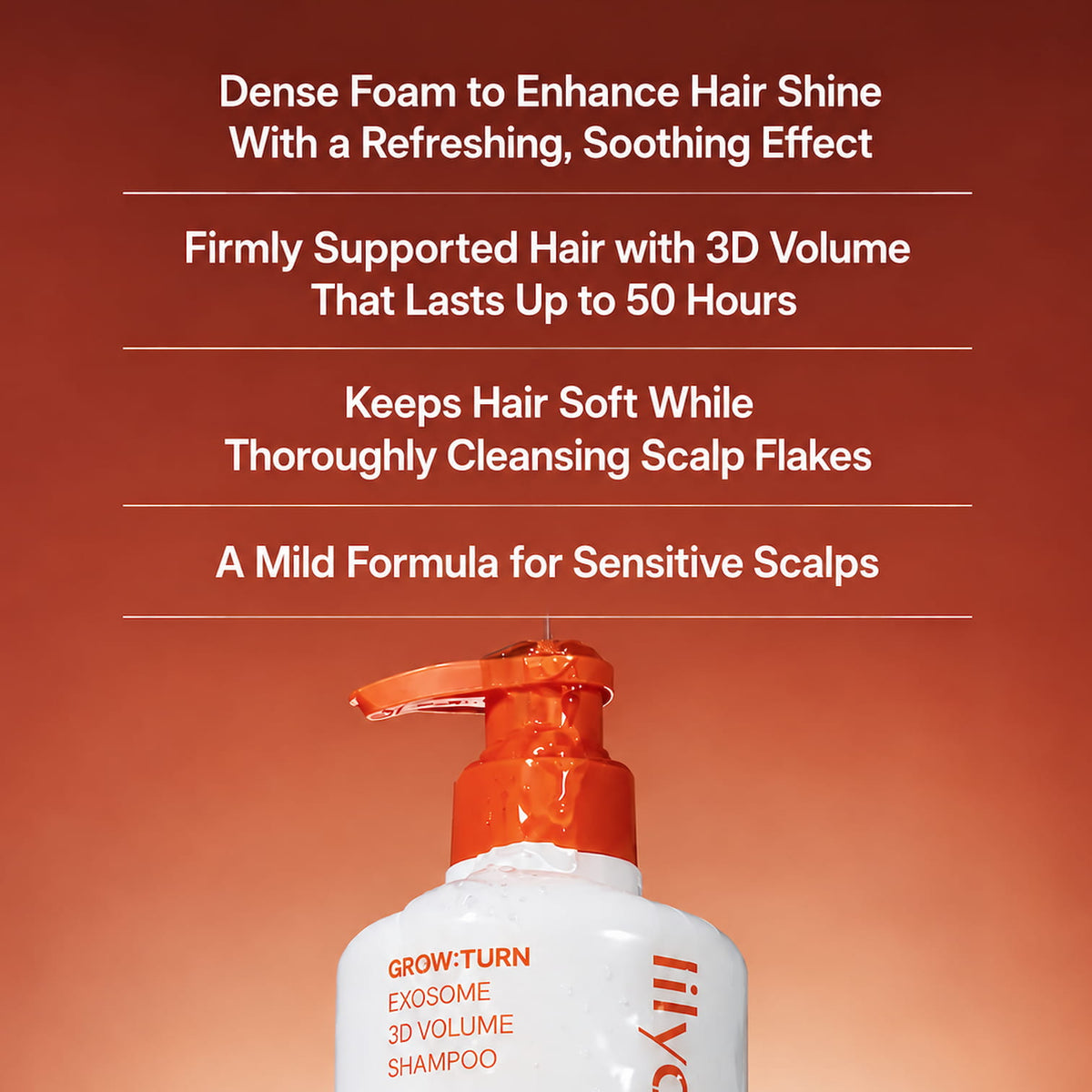 A bottle of LILYEVE Grow Turn Exosome 3D Volume Shampoo with an orange pump dispenser, set against a warm orange gradient background with descriptive marketing text.