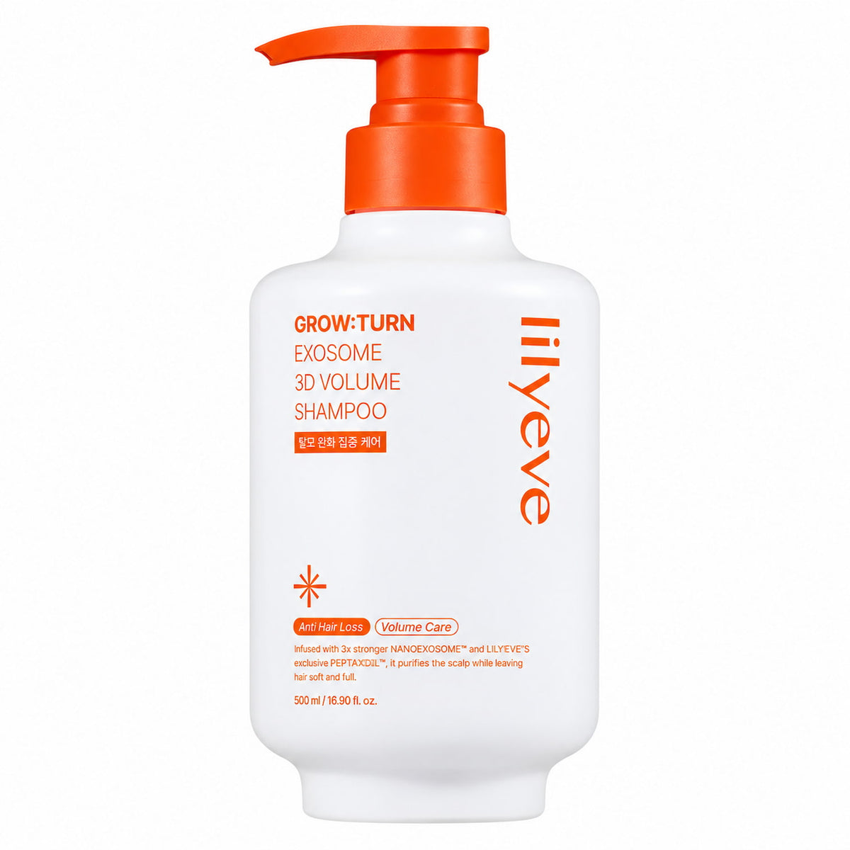 LILYEVE Grow Turn Exosome 3D Volume Shampoo 500ml in a white bottle with an orange pump dispenser and orange lettering, on a plain white background.