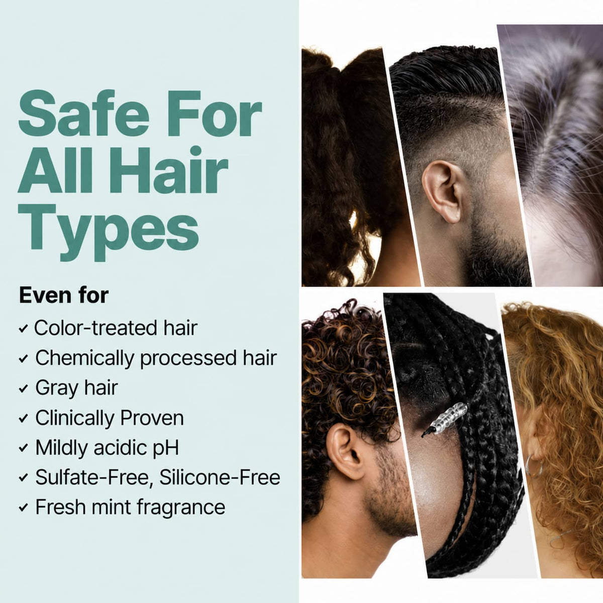 Korean Haircare infographic showing suitability for all hair types, including curly, straight, braided, grey and colour-treated hair, highlighting a mildly acidic, sulfate-free and silicone-free formula.
