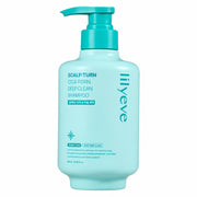 A 500ml bottle of LILYEVE Scalp Turn Cica PDRN Deep Clean Shampoo in a light mint green color with a turquoise pump dispenser, shown on a plain white background.