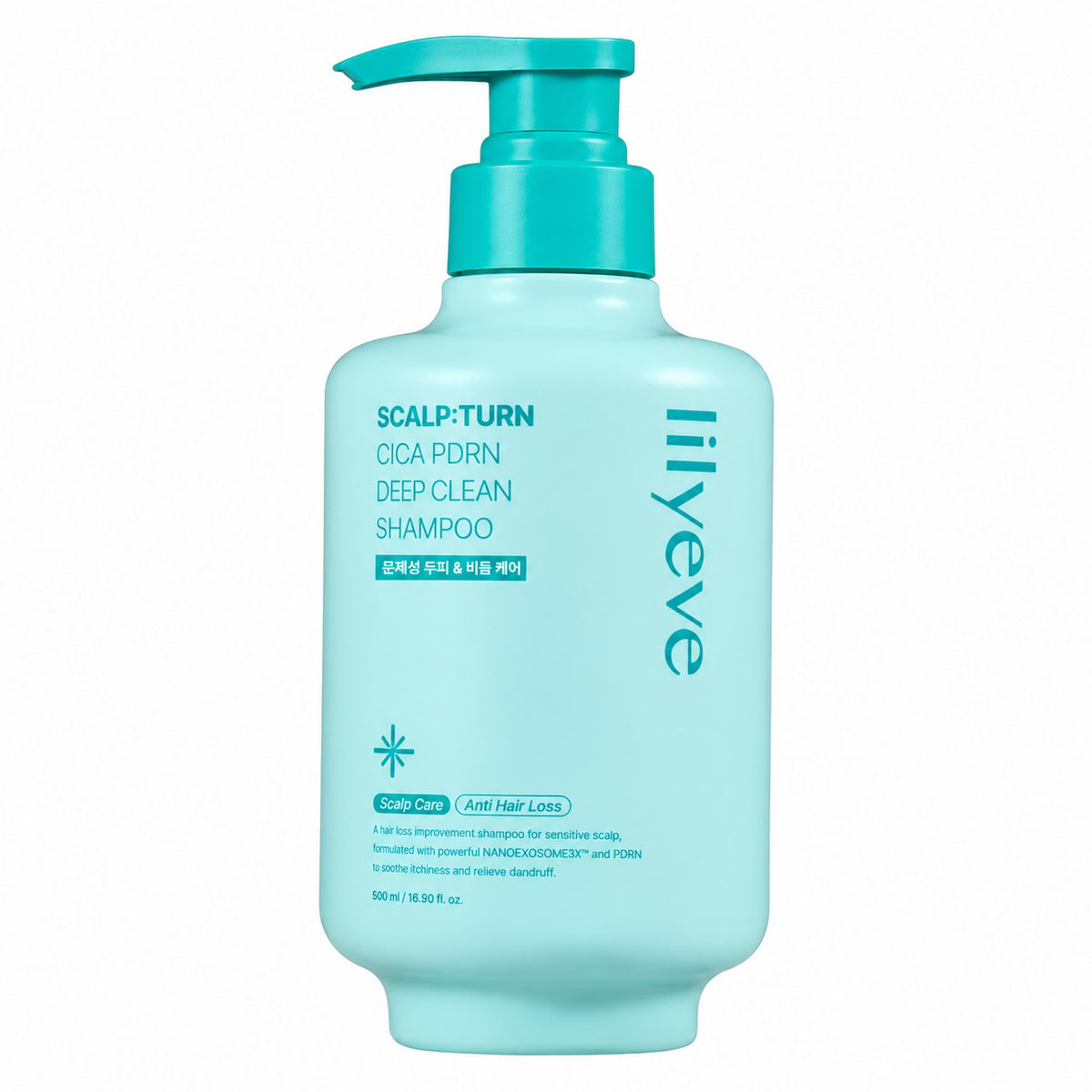 A 500ml bottle of LILYEVE Scalp Turn Cica PDRN Deep Clean Shampoo in a light mint green color with a turquoise pump dispenser, shown on a plain white background.