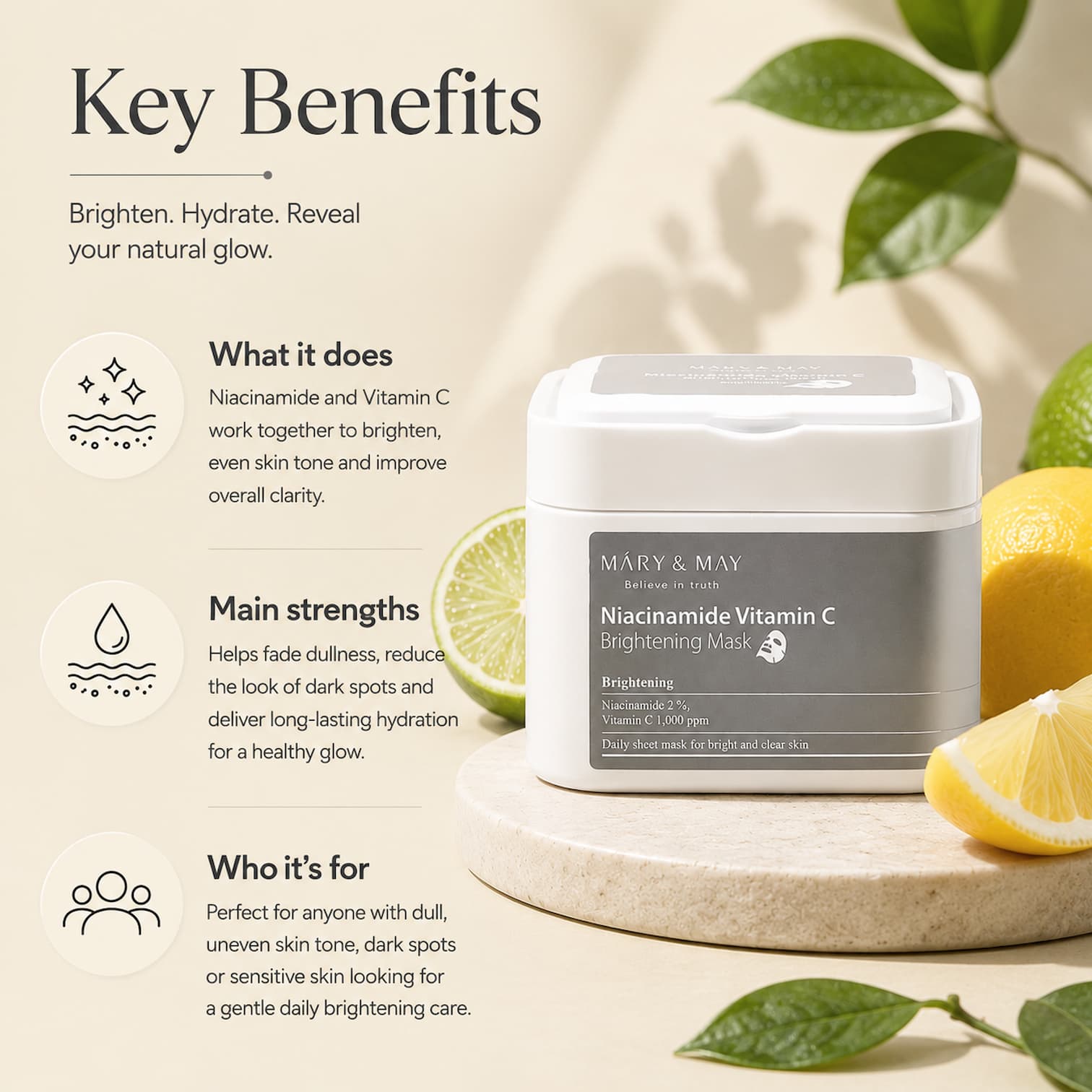MARY&MAY Niacinamide Vitamin C Brightening Mask 30pcs - BelluBeauty