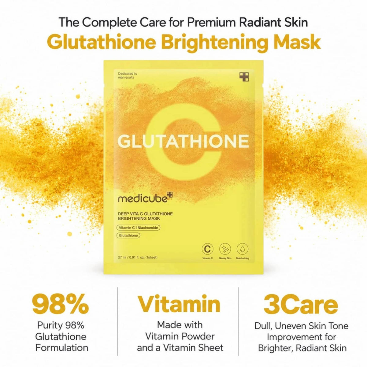 Medicube Glutathione Brightening Mask packaging shown on a white background with yellow powder splatter graphics and marketing text below "98% purity glutathione", "made with vitamin powder," "dull, uneven skin tone improvement"