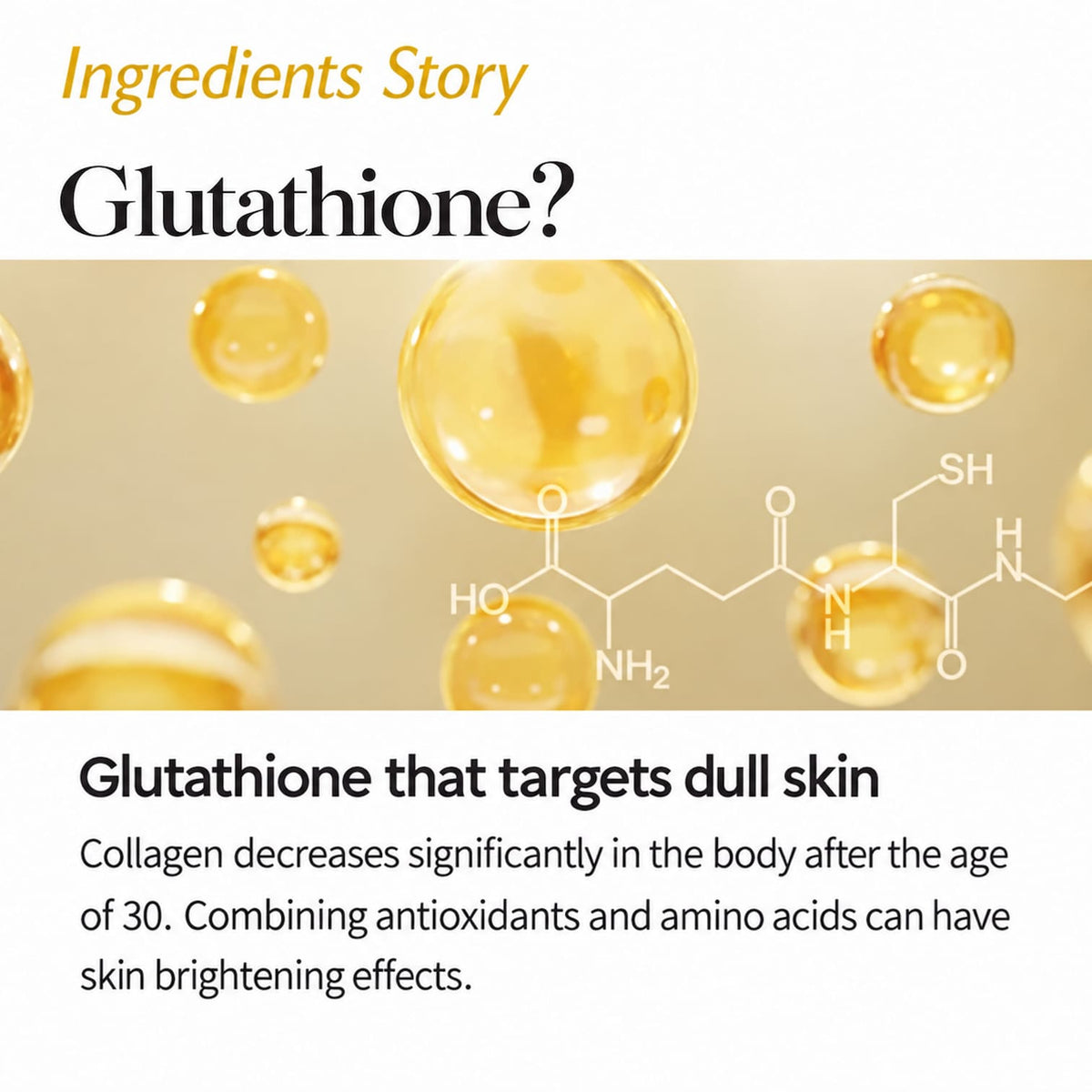 An informational graphic titled 'Glutathione?' with the subtitle 'Ingredients Story.' It shows golden translucent droplets and a glutathione molecular structure on a beige-to-white background, with text stating 'Glutathione that targets dull skin' and a brief paragraph about collagen and antioxidants.
