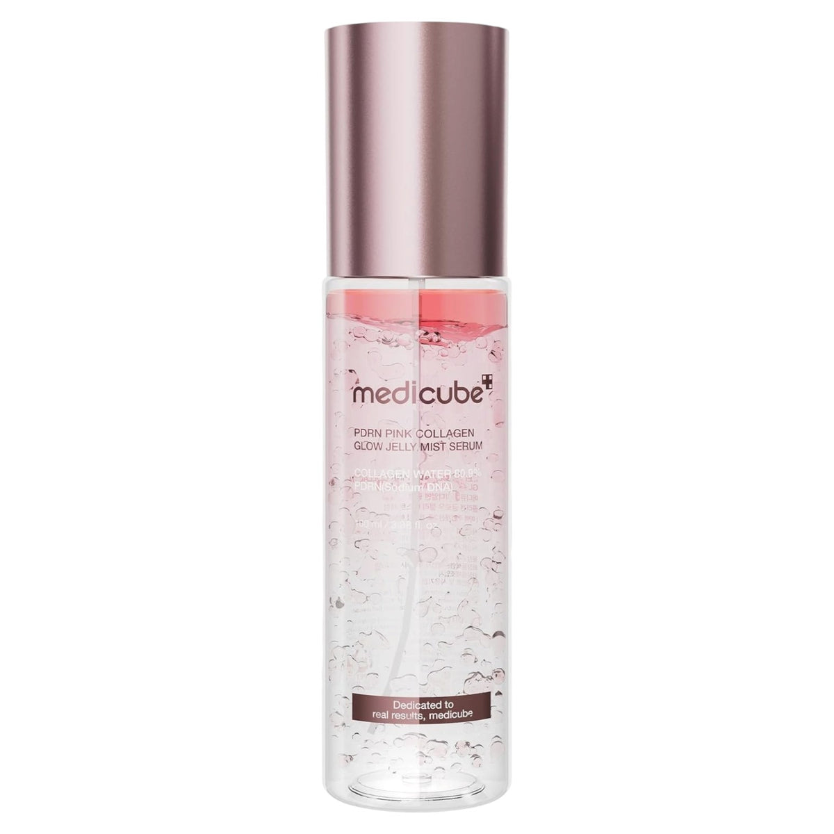A clear cylindrical bottle of MEDICUBE PDRN Pink Collagen Glow Jelly Mist Serum 100ml with a metallic rose gold cap, containing a pinkish liquid, on a white background.