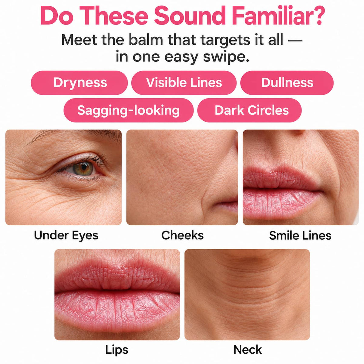Promotional graphic for MEDICUBE PDRN Pink Collagen Volume Multi Balm, featuring the headline 'Do These Sound Familiar?' and listing skin concerns such as dryness, visible lines, dullness, sagging-looking, and dark circles. Below, five close-up facial regions are shown: under eyes, cheeks, smile lines, lips, and neck.