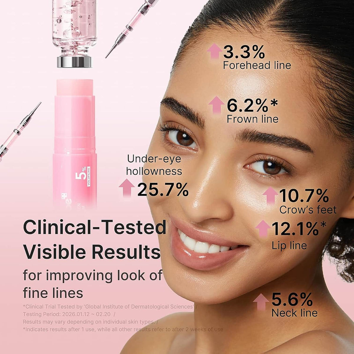 Woman's face with skin concerns highlighted and clinical-tested visible results and a MEDICUBE PDRN Pink Collagen Volume Multi Balm on a pink background