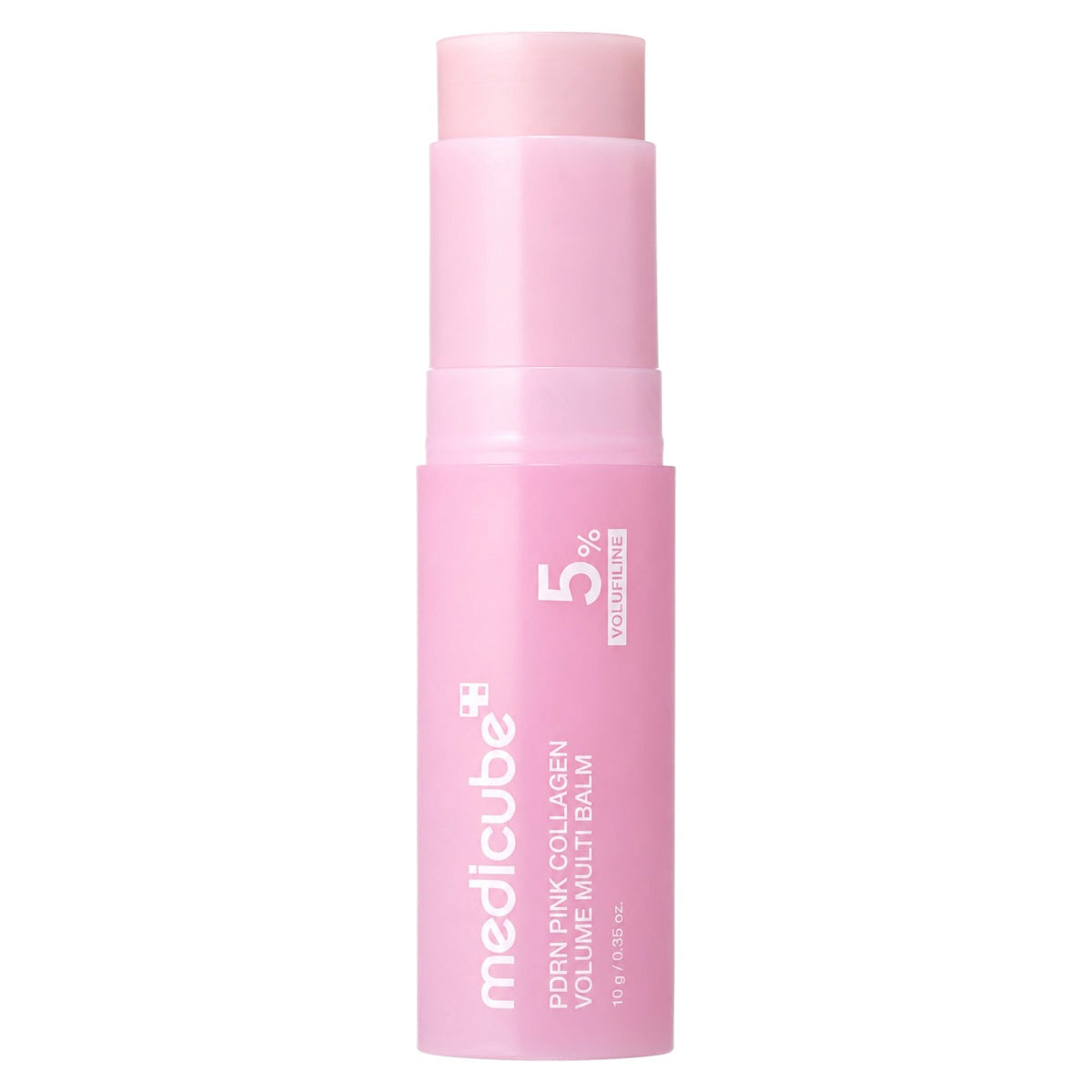 MEDICUBE PDRN Pink Collagen Volume Multi Balm stick in a light pink container with a matching pink cap, shown on a solid white background.