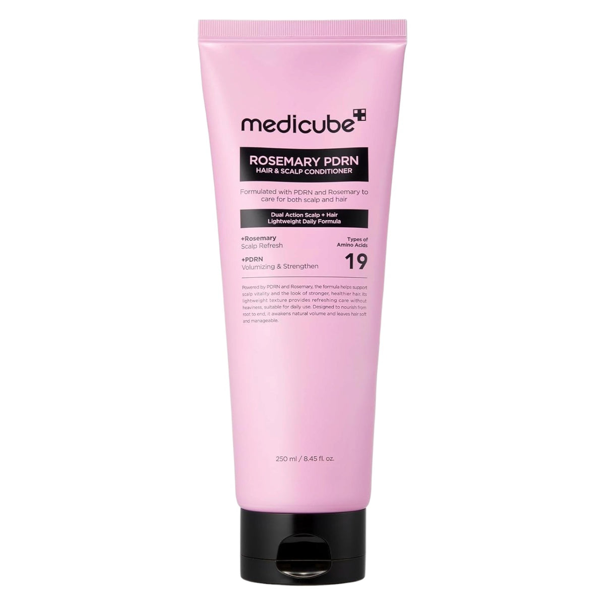 A pink squeeze tube of MEDICUBE Rosemary PDRN Hair & Scalp Conditioner 250ml with a black cap, shown on a plain white background.