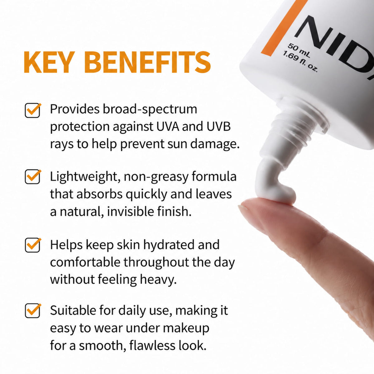 A close-up of a tube of NIDA Invisible Fit Sun Cream being squeezed onto a finger, with text highlighting key benefits such as broad-spectrum sun protection, lightweight non-greasy formula, skin hydration, and daily use suitability.