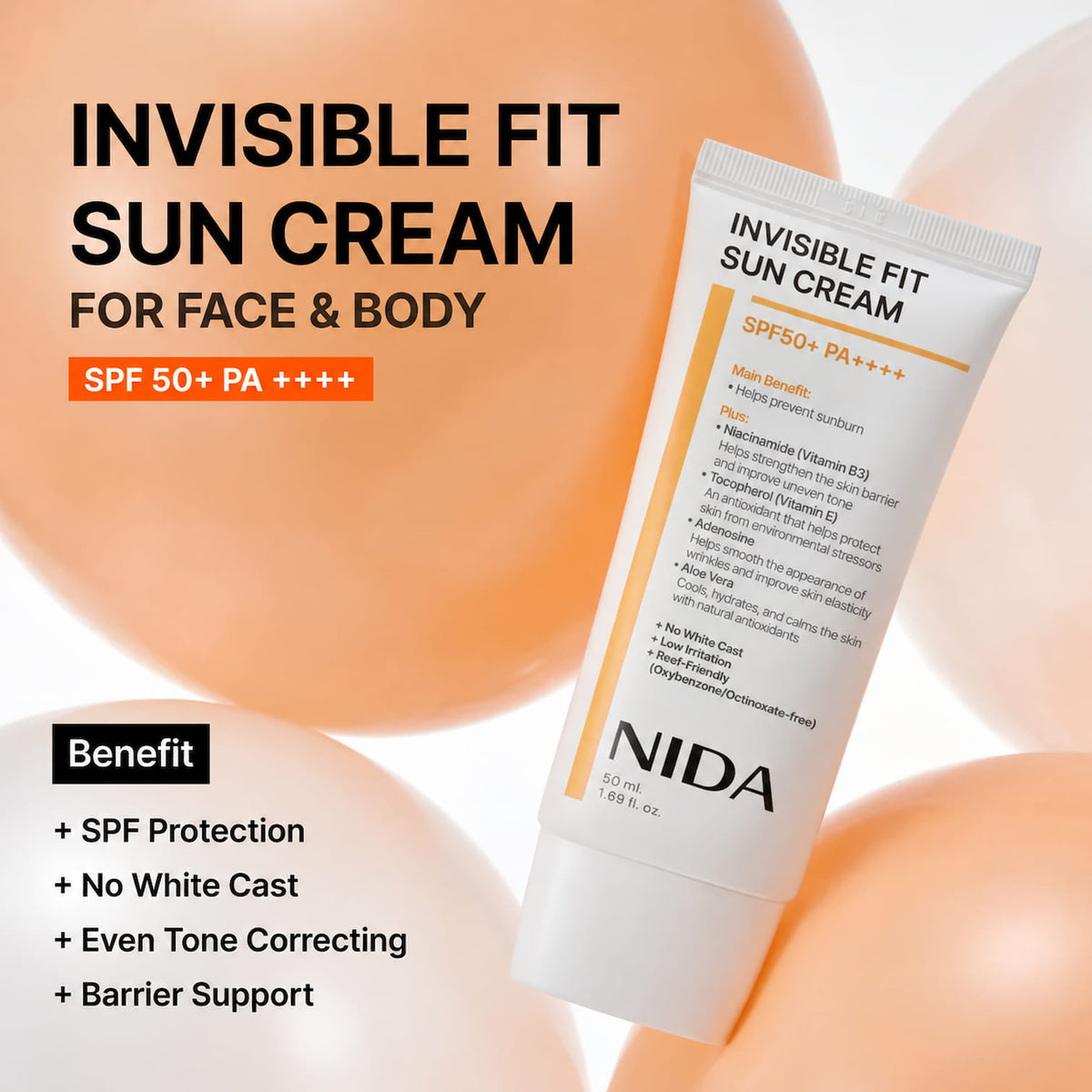 NIDA Invisible Fit Sun Cream SPF 50+ PA++++ tube shown on a peach-toned abstract background with promotional text highlighting benefits for face and body.