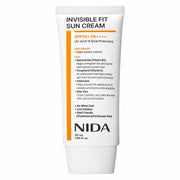 A white tube of NIDA Invisible Fit Sun Cream SPF50+ PA++++ with orange and black text, shown on a plain white background.