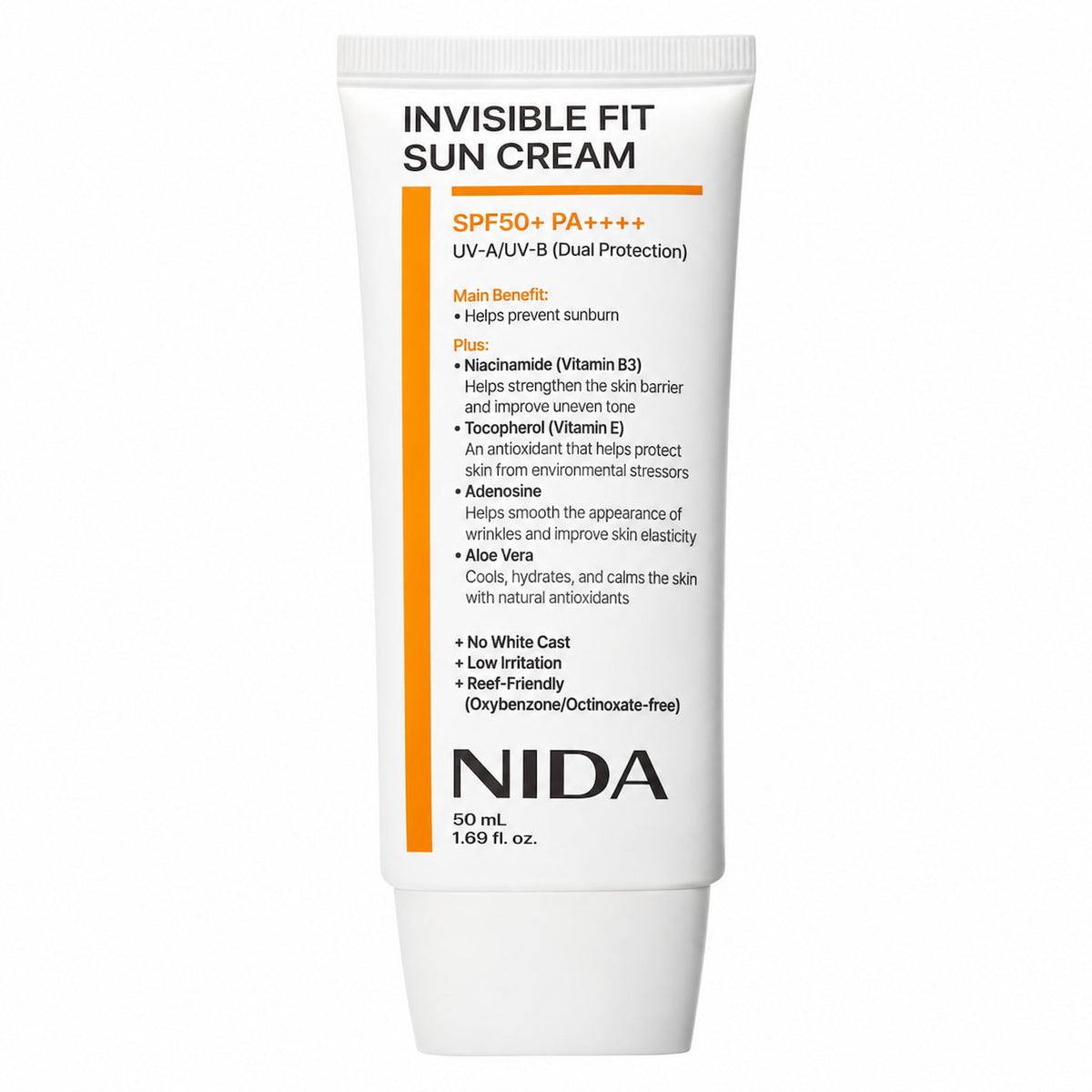 A white tube of NIDA Invisible Fit Sun Cream SPF50+ PA++++ with orange and black text, shown on a plain white background.