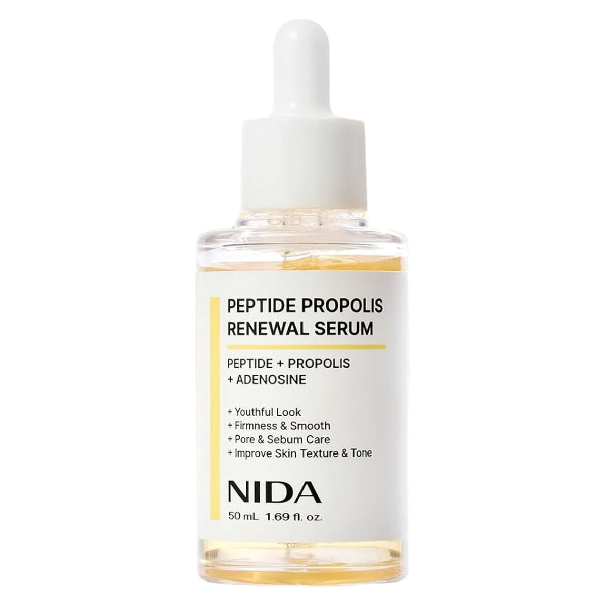 NIDA Peptide Propolis Renewal Serum 50ml in a clear glass dropper bottle with a white cap and pale yellow serum, displayed against a plain white background.