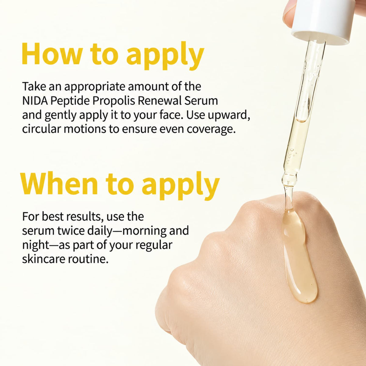 Instructional skincare graphic showing a dropper of serum above a hand with a drop of the serum, plus text reading 'How to apply' and 'When to apply' for NIDA Peptide Propolis Renewal Serum.