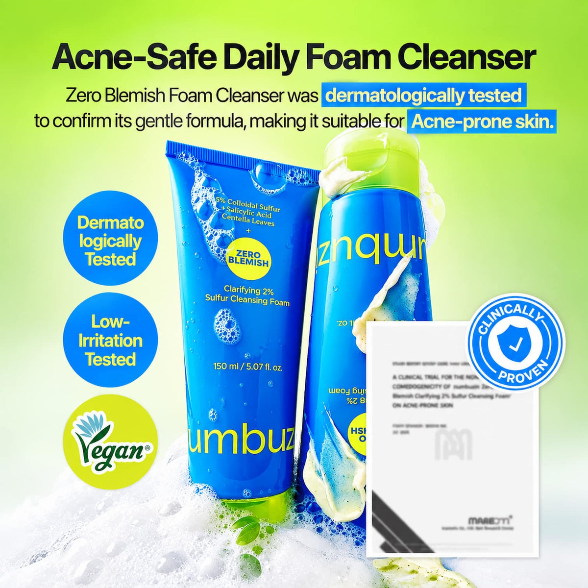 Two blue tubes of NUMBUZIN No.0 Zero Blemish Clarifying 2% Sulfur Cleansing Foam, shown with marketing text, test badges, a vegan logo, and a clinical trial certificate on a bright green background.