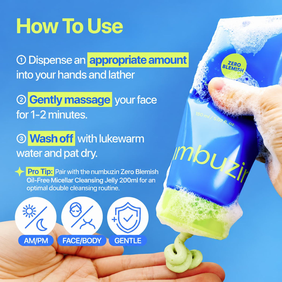 Instructional graphic showing how to use NUMBUZIN No.0 Zero Blemish Clarifying 2% Sulfur Cleansing Foam. It features a hand squeezing the blue and green tube onto an open palm, with three step-by-step instructions on a bright blue background and usage icons at the bottom.