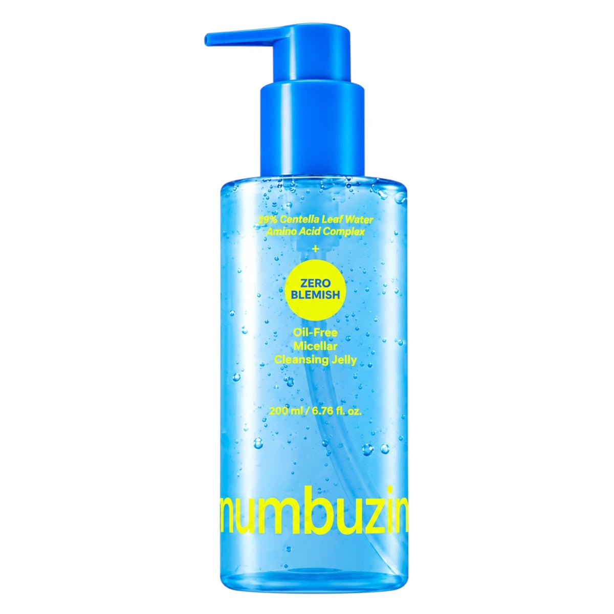 A 200ml bottle of NUMBUZIN Zero Blemish Oil-Free Micellar Cleansing Jelly with a bright blue pump dispenser. The transparent bottle shows the blue liquid inside, with yellow text and a yellow circular 'ZERO BLEMISH' label on the front, set against a plain white background.