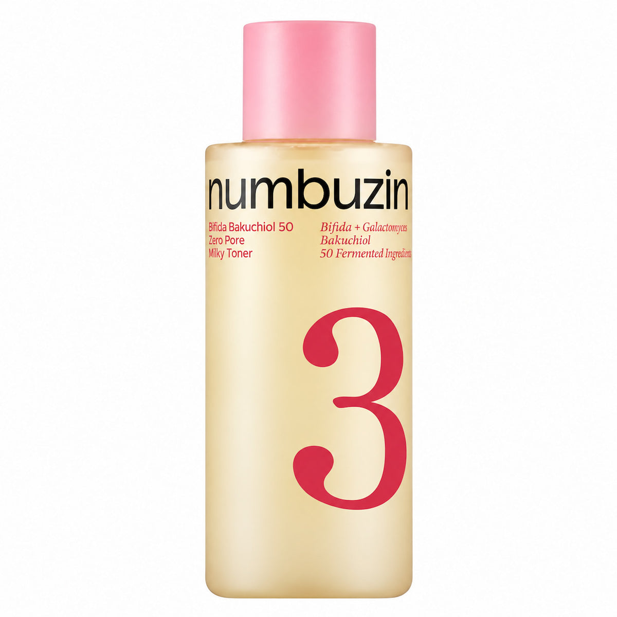 A bottle of NUMBUZIN No.3 Bifida Bakuchiol 50 Zero Pore Milky Toner 200ml featuring a pale yellow translucent bottle with a pink cap and a large pink number 3 on the front on a plain white background.