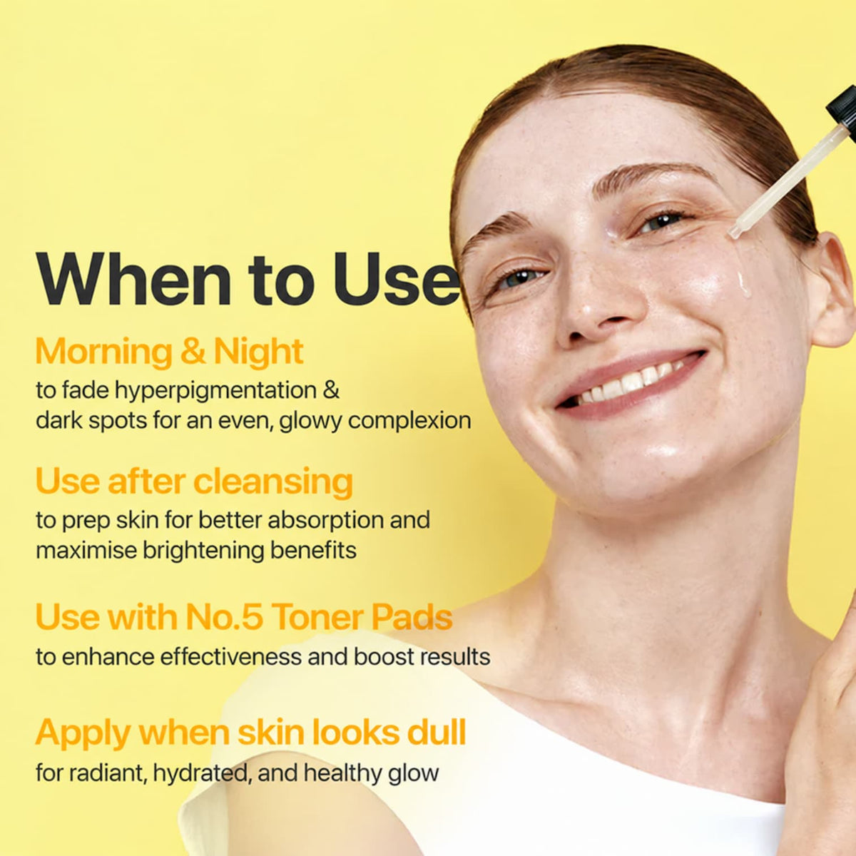 A woman with clear, glowing skin is shown applying a facial dropper product to her cheek against a bright yellow background, with text outlining usage times and benefits for brightening and evening complexion.