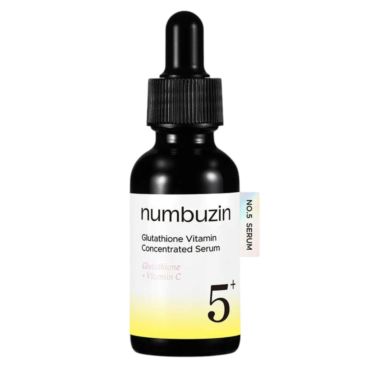 A bottle of numbuzin Glutathione Vitamin Concentrated Serum, featuring a black dropper bottle with a white and yellow gradient label.