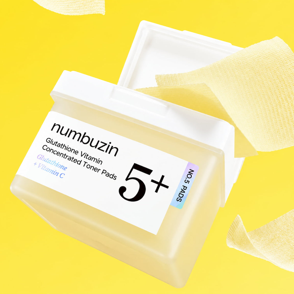 Numbuzin Glutathione Vitamin Concentrated Toner Pads in a translucent white jar with a white lid, shown on a bright yellow background with several pale yellow patch-like pads floating around it.