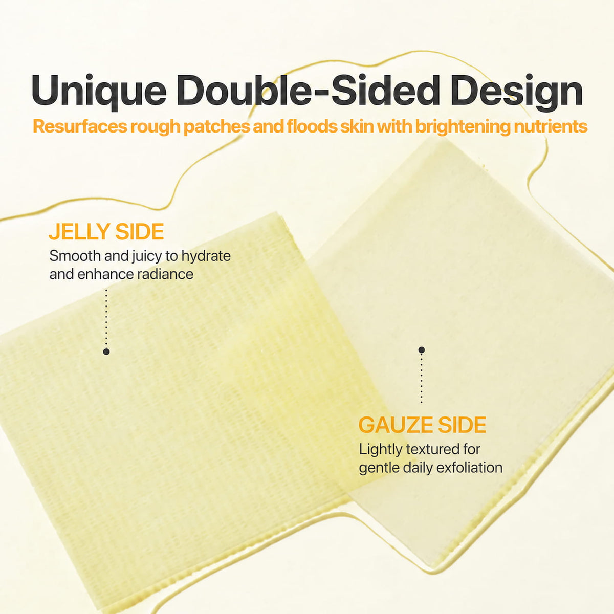 Two pale yellow skincare pads shown on a cream background with marketing text explaining the double-sided design: jelly side for hydration and gauze side for exfoliation.