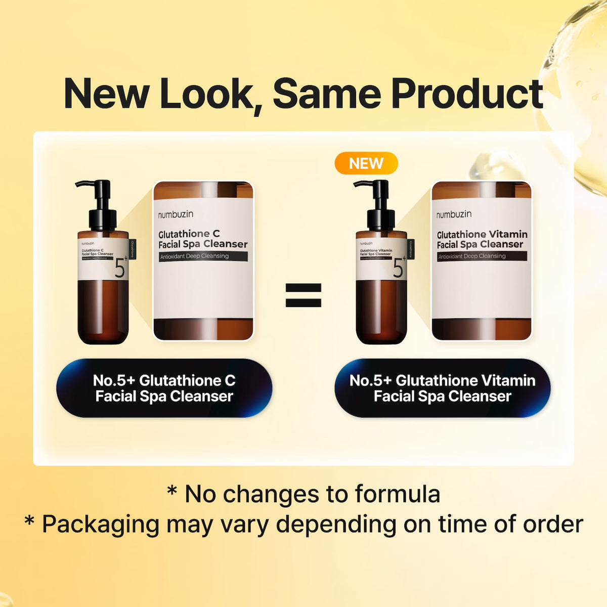 Promotional graphic for a facial spa cleanser showing the old and new packaging side by side under the heading 'New Look, Same Product.' The left side shows the old pump bottle and right side shows the new pump bottle
