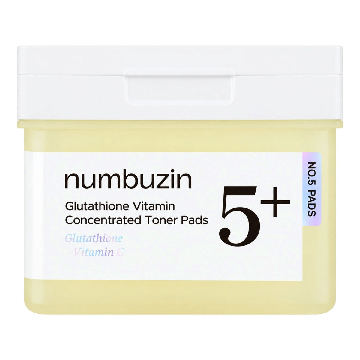 Numbuzin Glutathione Vitamin Concentrated Toner Pads in a translucent pale yellow jar with a white lid and white label, featuring a large black '5+' and a vertical purple 'NO.5 PADS' text on a white background