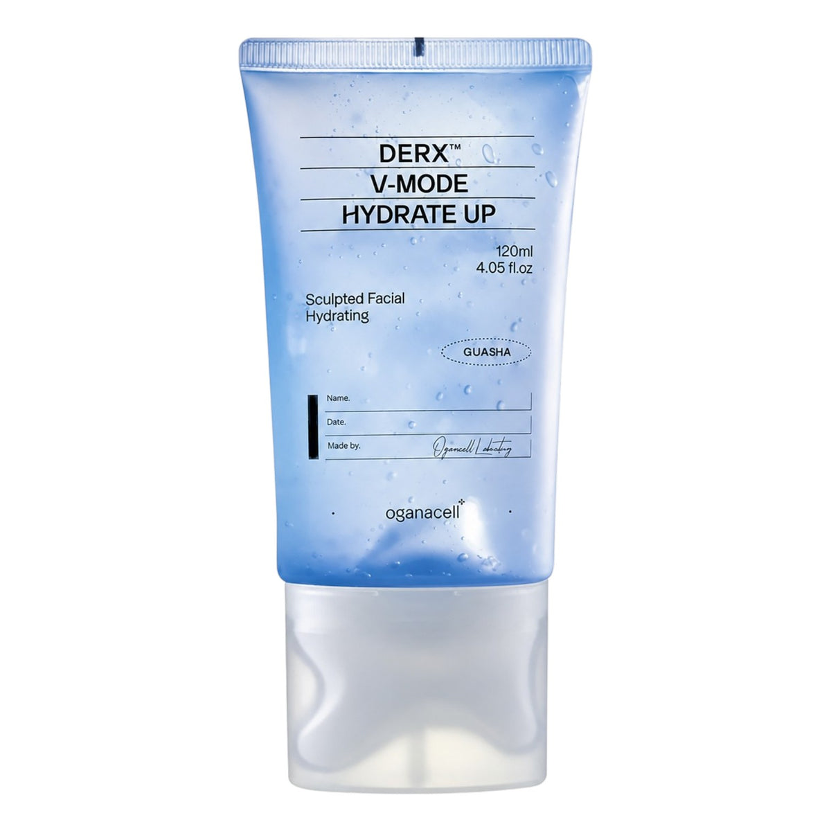 A 120ml squeeze tube of Oganacell DERX V-MODE HYDRATE UP facial hydrating serum, featuring a light blue translucent body and a clear cap, on a white background.
