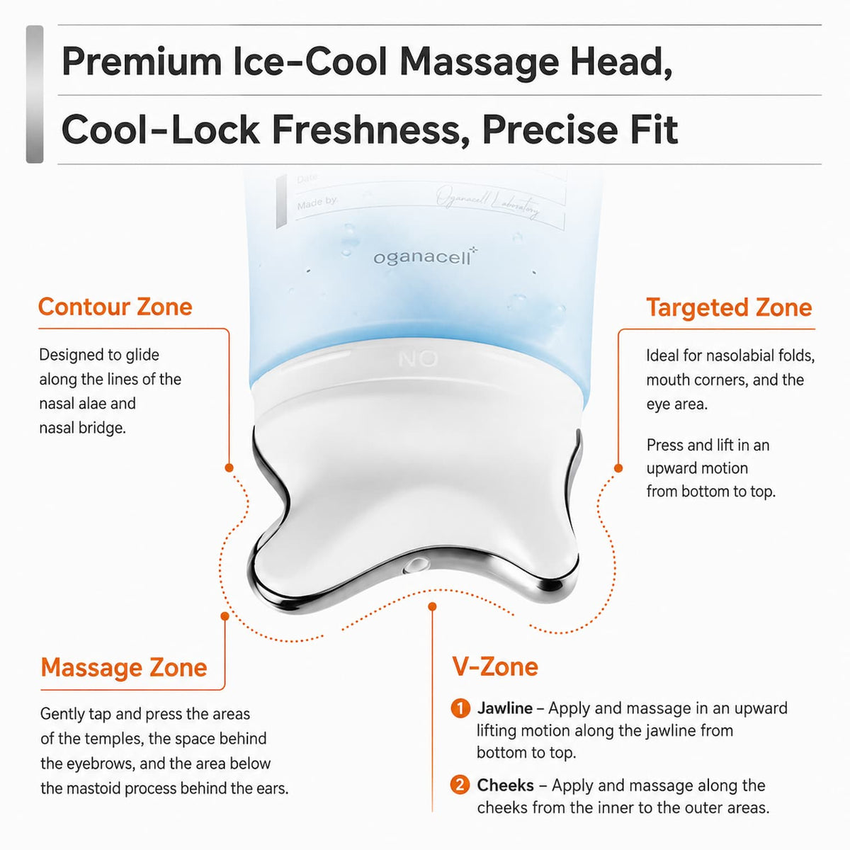 OGANACELL Derx V-Mode ice-cool gua sha massage applicator guide for facial sculpting, lifting jawline, and depuffing cheeks.