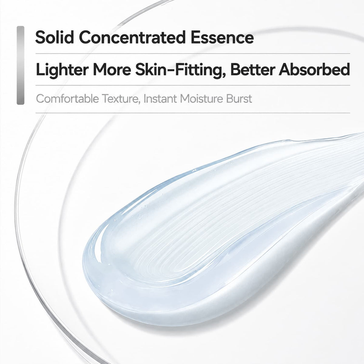 Promotional graphic for a skincare essence showing a glossy translucent white smear of the product on a white background with text reading 'Solid Concentrated Essence' and 'Lighter More Skin-Fitting, Better Absorbed.'.