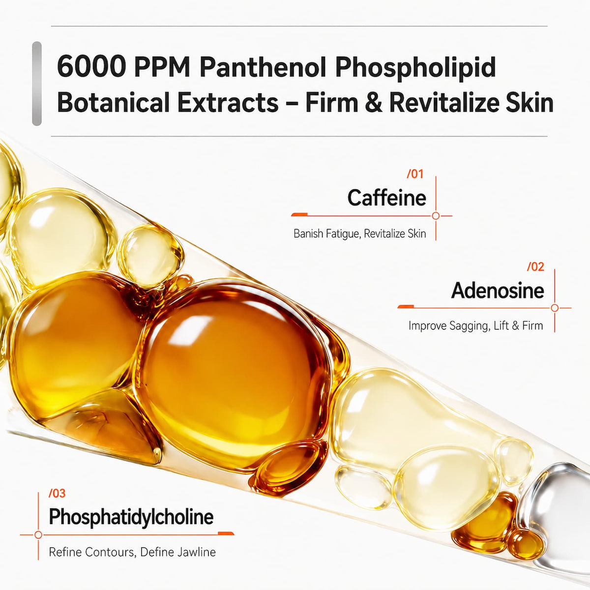 OGANACELL Derx V-Mode Hydrate Up key ingredients graphic highlighting Panthenol, Phospholipid, Caffeine, Adenosine, and Phosphatidylcholine to firm and revitalize skin.