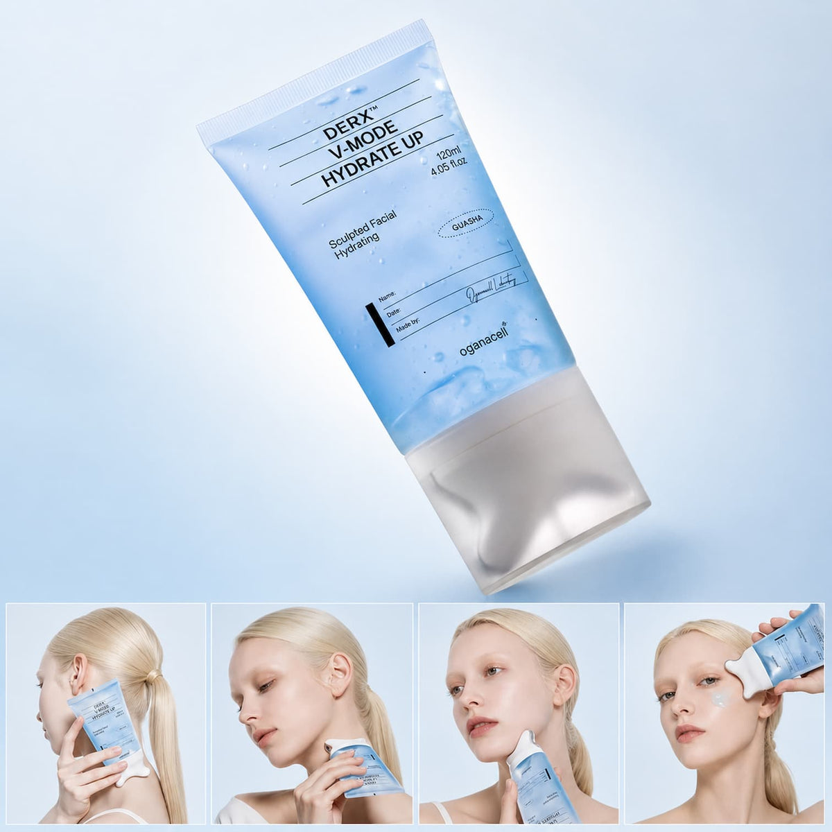 A light blue and white OGANACELL Derx V-Mode Hydrate Up 120ml tube floating against a pale blue gradient background, with four small inset photos along the bottom showing a blonde model applying or holding the product near her face.
