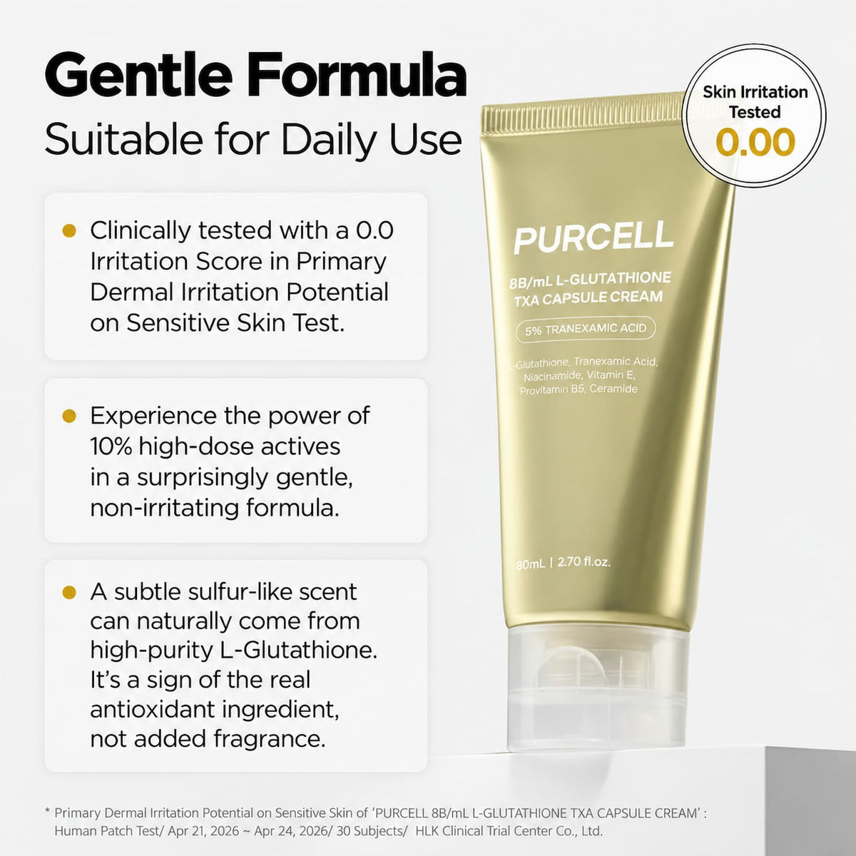 PURCELL 8B/mL L-Glutathione TXA Capsule Cream, presented on a light gray background with marketing text "gentle formula suitable for daily use" and a skin irritation test badge.
