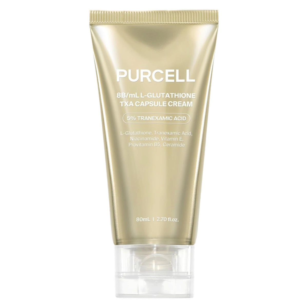 PURCELL 8B/mL L-Glutathione TXA Capsule Cream 80ml in a metallic gold squeeze tube with a clear cap, shown on a plain white background.