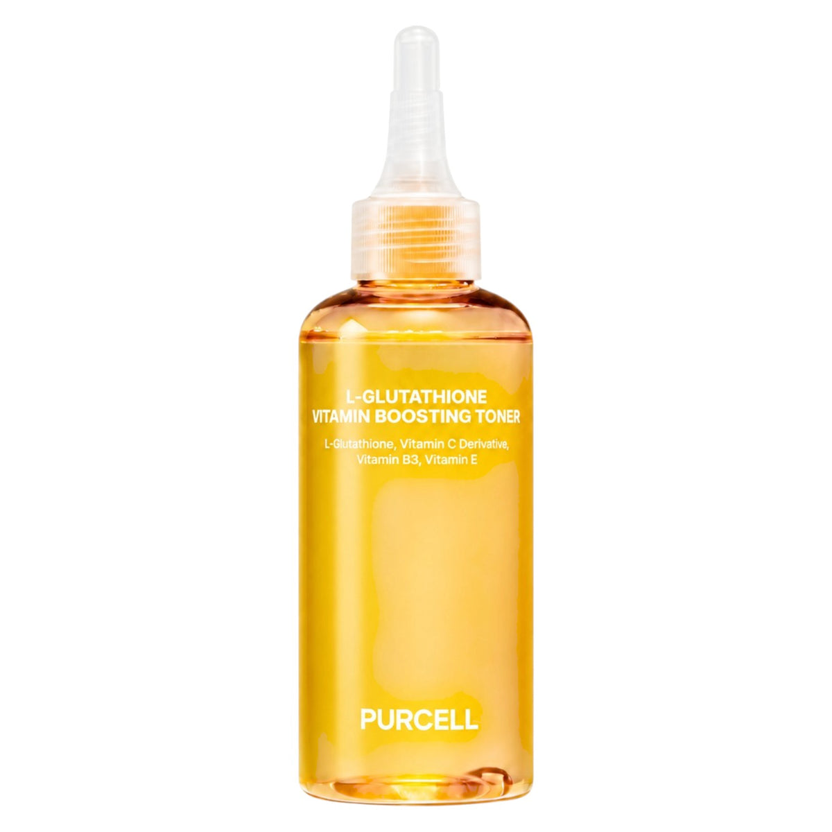 A bottle of PURCELL L-Glutathione Vitamin Boosting Toner 150ml filled with golden-yellow liquid, shown on a plain white background.
