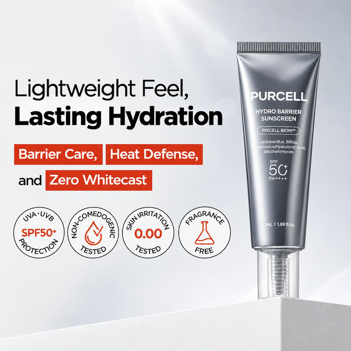 PURCELL Pixcell Biom Hydro Barrier Sunscreen 50ml in a metallic silver squeeze tube, shown on a light gray background with promotional text "Lightweight feel, Lasting Hydration" and feature icons.