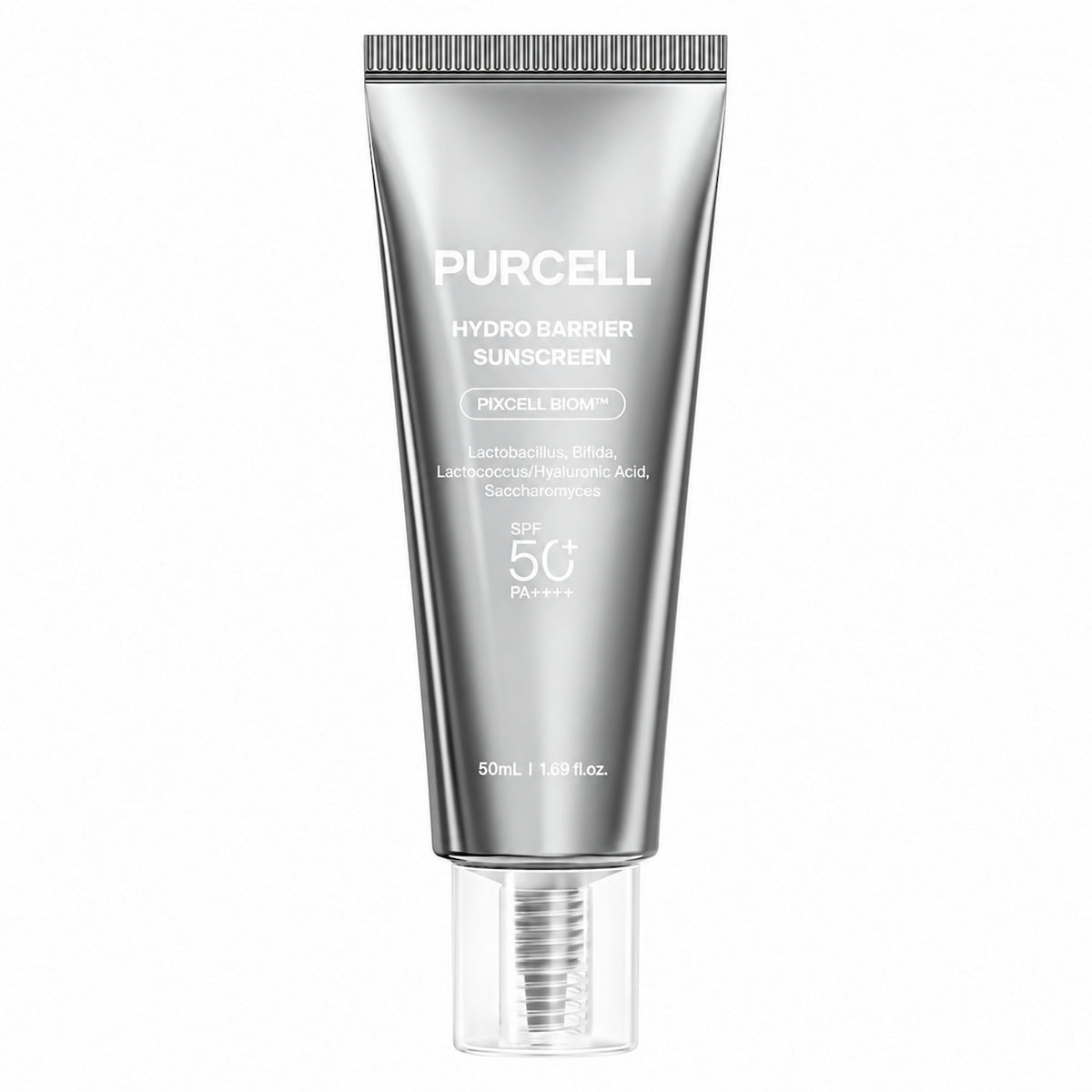 PURCELL Pixcell Biom Hydro Barrier Sunscreen 50ml SPF50+ in a sleek silver squeeze tube with a clear cap, shown against a plain white background.