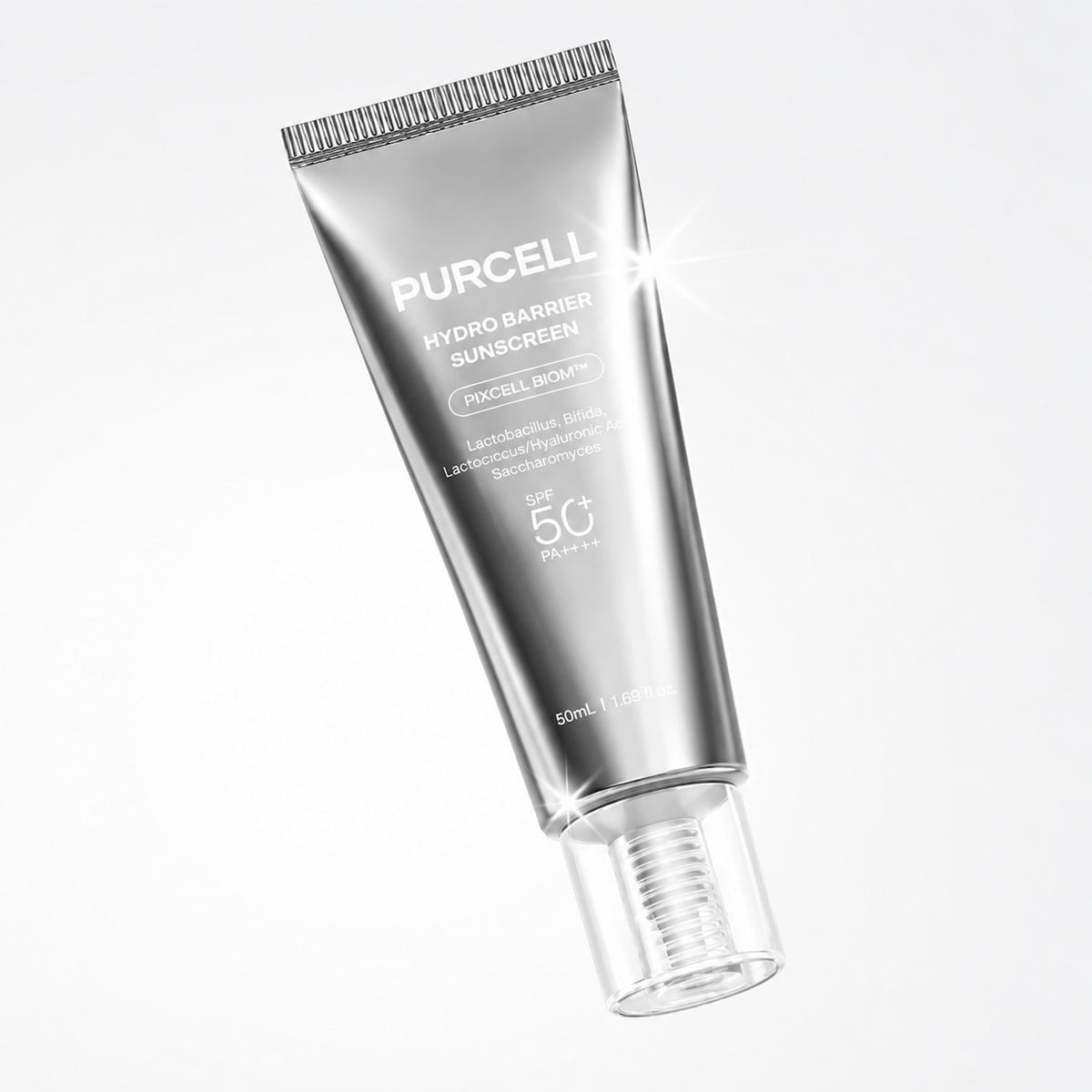 PURCELL Pixcell Biom Hydro Barrier Sunscreen 50ml in a metallic silver squeeze tube with a clear cap, shown on a light gray background
