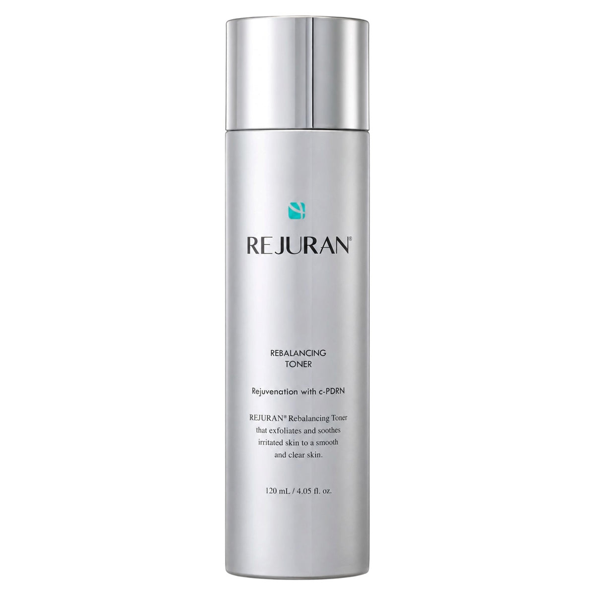 A silver cylindrical bottle of REJURAN Rebalancing Toner 120ml with a metallic cap, shown against a plain white background.
