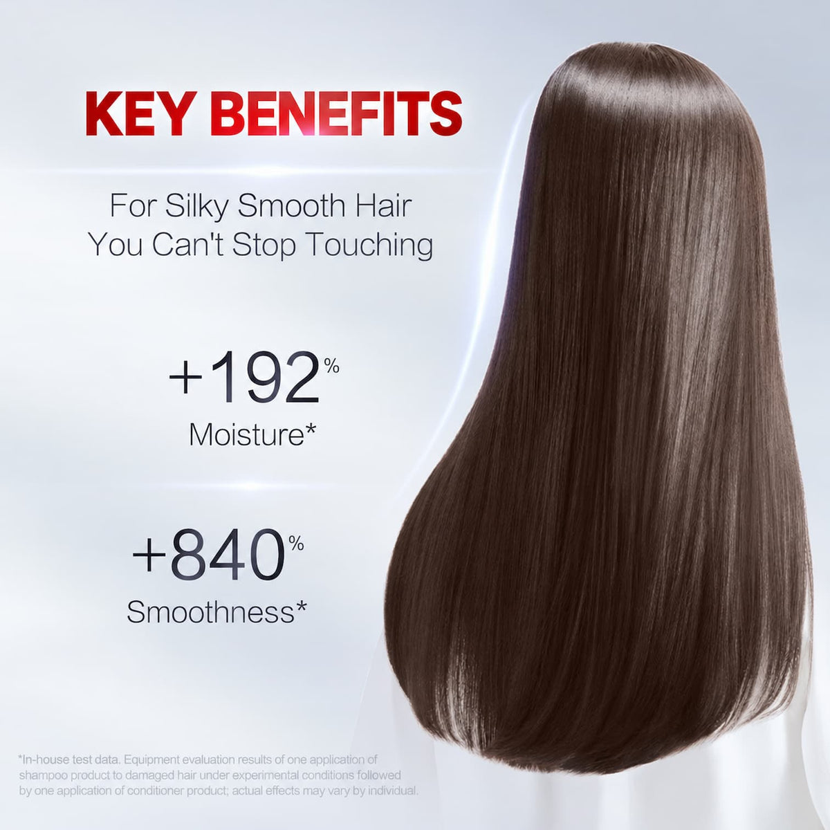A promotional graphic for a hair product showing long, silky brown hair from the back on a white background, with text highlighting key benefits including increased moisture and smoothness.