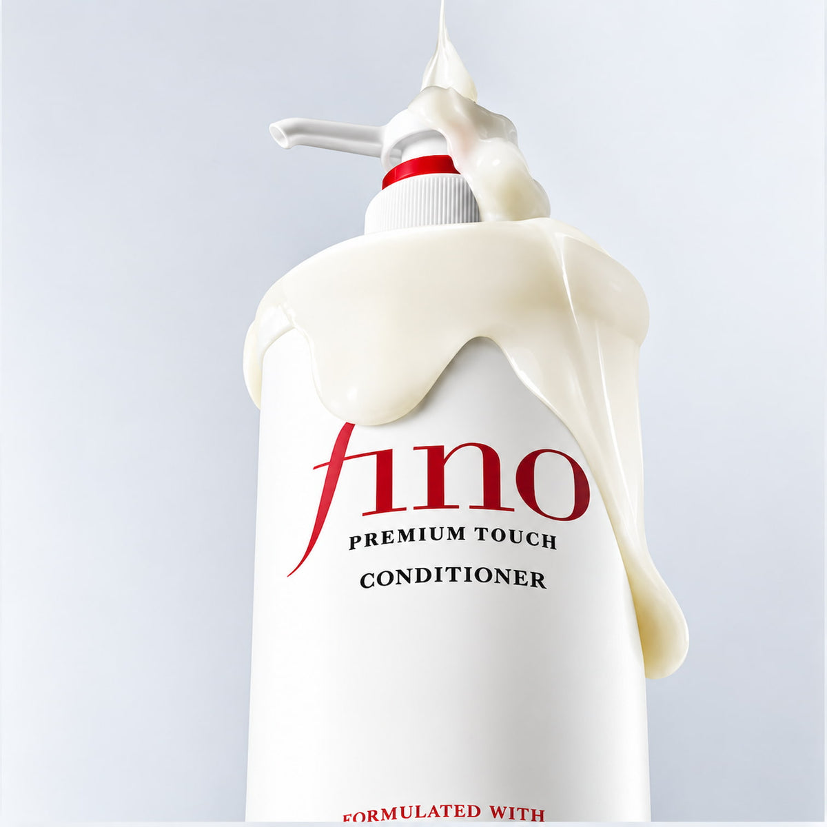 A white pump bottle of SHISEIDO Fino Premium Touch Conditioner with creamy white liquid visibly dripping from the nozzle, set against a light gray studio background.