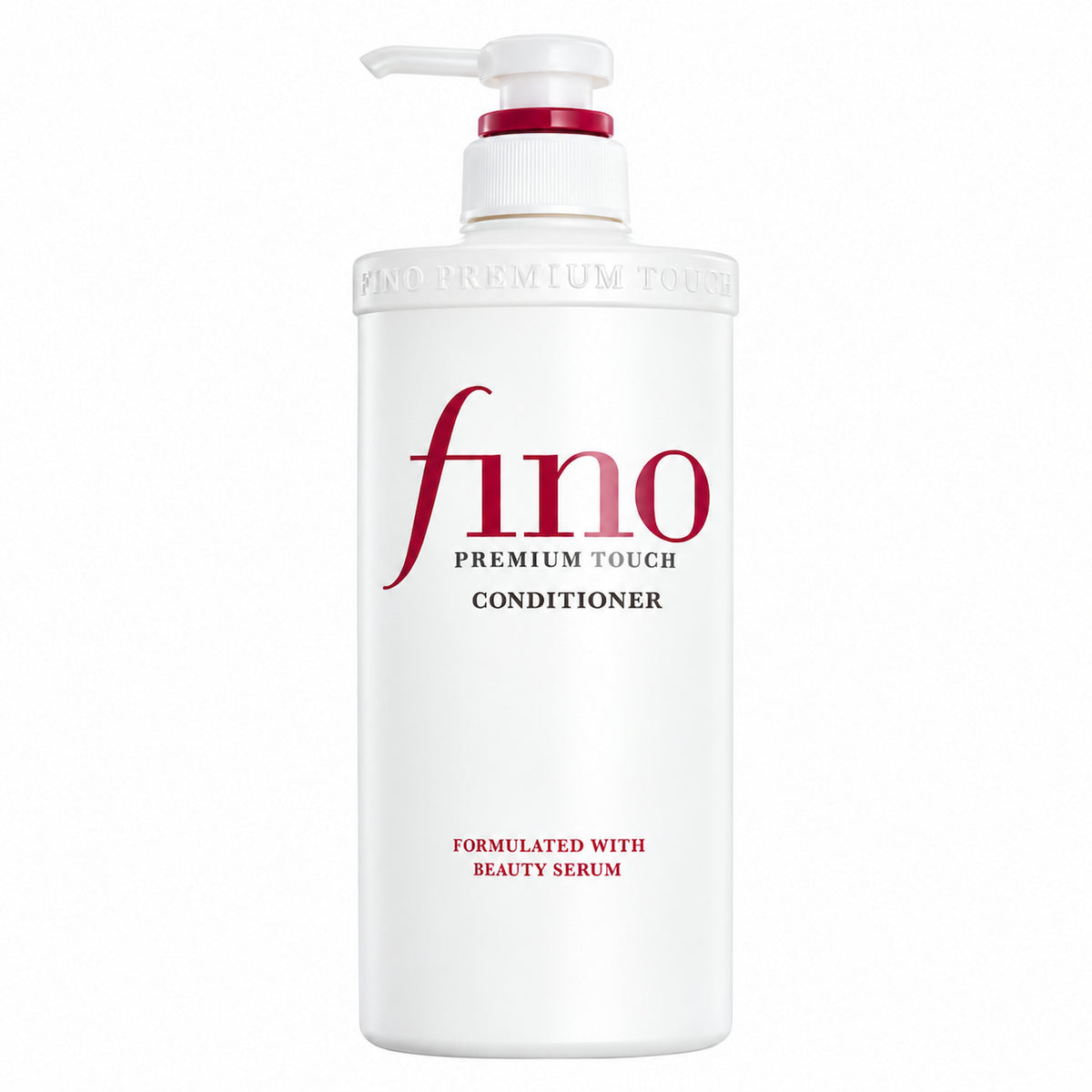 A white pump bottle of SHISEIDO Fino Premium Touch Conditioner with a red accent ring and red lettering on the label, set against a plain white background.