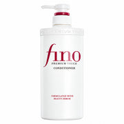 A white pump bottle of SHISEIDO Fino Premium Touch Conditioner with a red accent ring and red lettering on the label, set against a plain white background.
