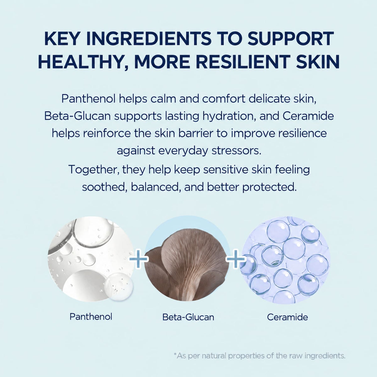 An informational graphic for SKIN1004 Madagascar Centella Hyalu-Cica Gentle Cleansing Milk on a pale blue background. The headline reads 'KEY INGREDIENTS TO SUPPORT HEALTHY, MORE RESILIENT SKIN,' with descriptive text about panthenol, beta-glucan, and ceramide.